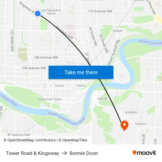 Tower Road & Kingsway to Bonnie Doon map