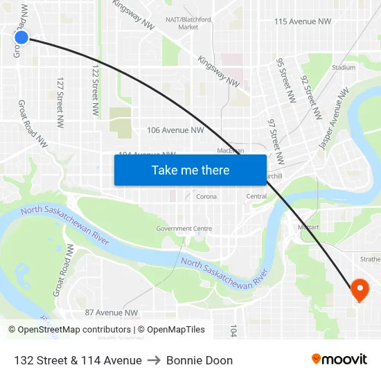 132 Street & 114 Avenue to Bonnie Doon map