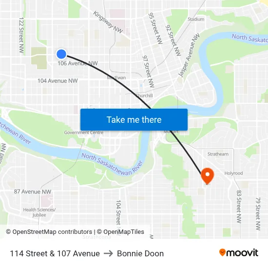 114 Street & 107 Avenue to Bonnie Doon map