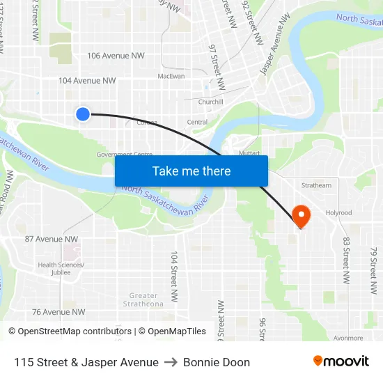 115 Street & Jasper Avenue to Bonnie Doon map
