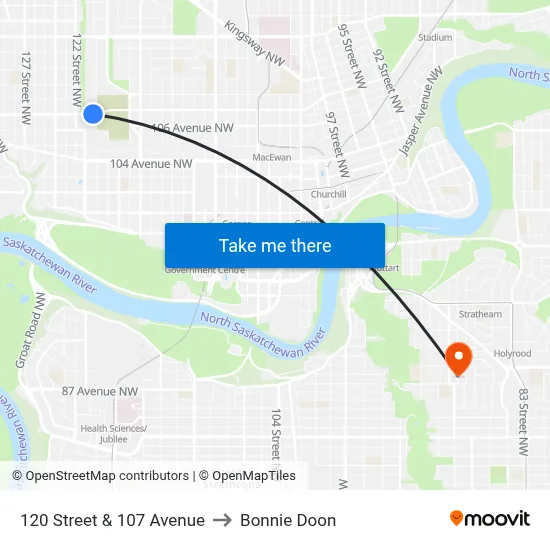 120 Street & 107 Avenue to Bonnie Doon map