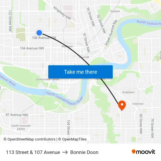 113 Street & 107 Avenue to Bonnie Doon map