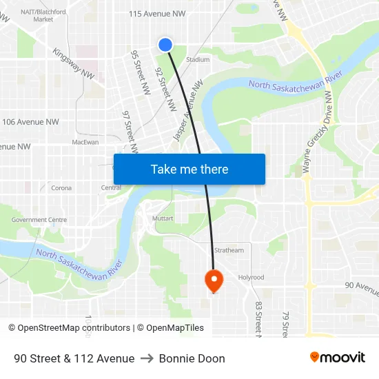 90 Street & 112 Avenue to Bonnie Doon map
