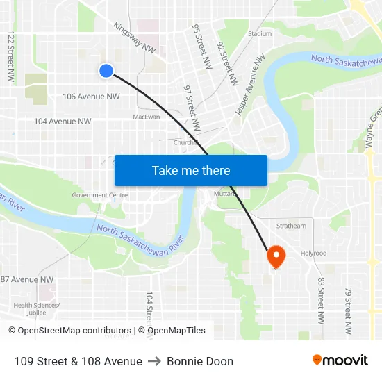 109 Street & 108 Avenue to Bonnie Doon map