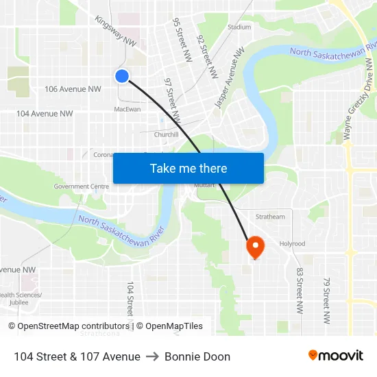 104 Street & 107 Avenue to Bonnie Doon map