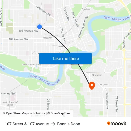 107 Street & 107 Avenue to Bonnie Doon map
