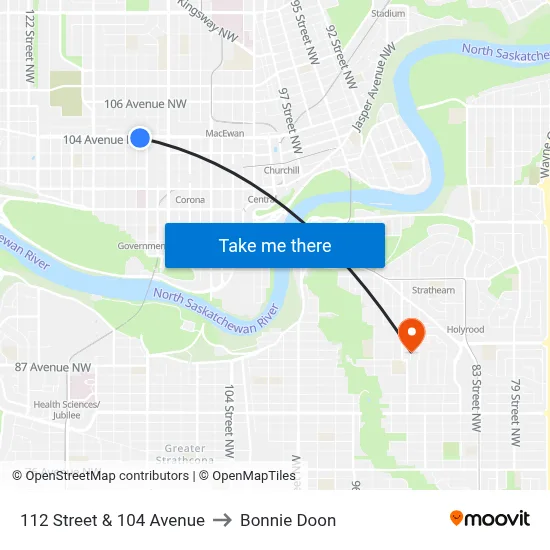 112 Street & 104 Avenue to Bonnie Doon map