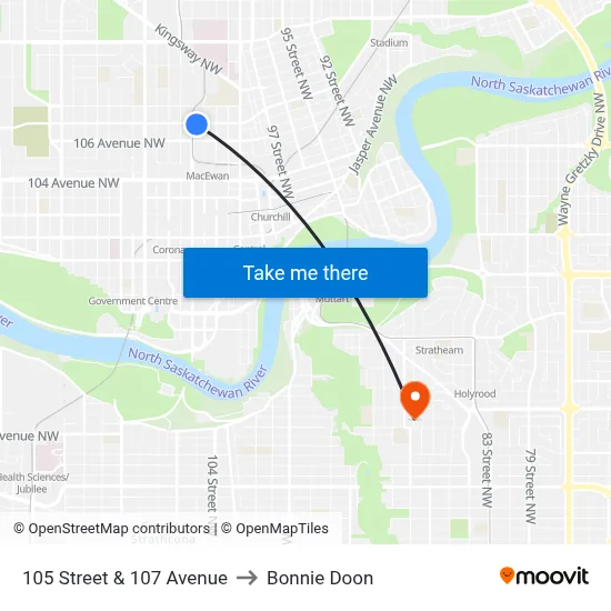 105 Street & 107 Avenue to Bonnie Doon map