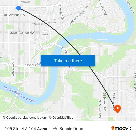 105 Street & 104 Avenue to Bonnie Doon map