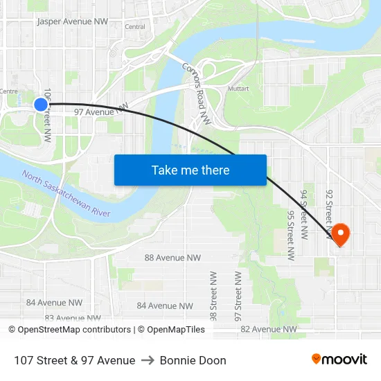 107 Street & 97 Avenue to Bonnie Doon map