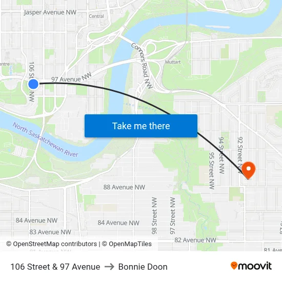106 Street & 97 Avenue to Bonnie Doon map