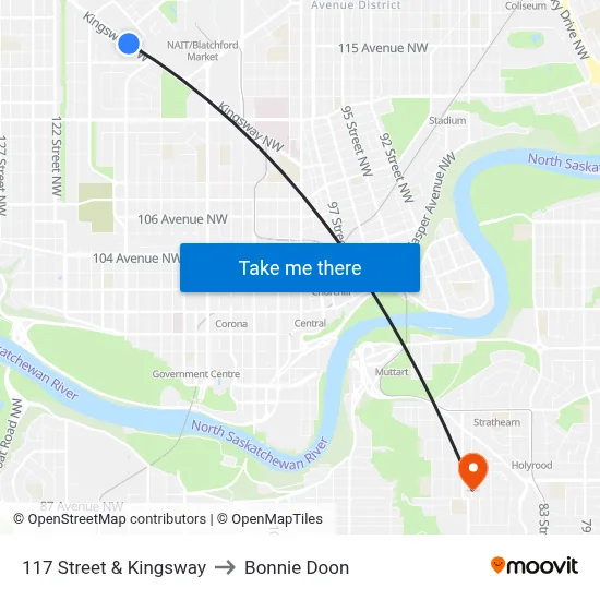 117 Street & Kingsway to Bonnie Doon map
