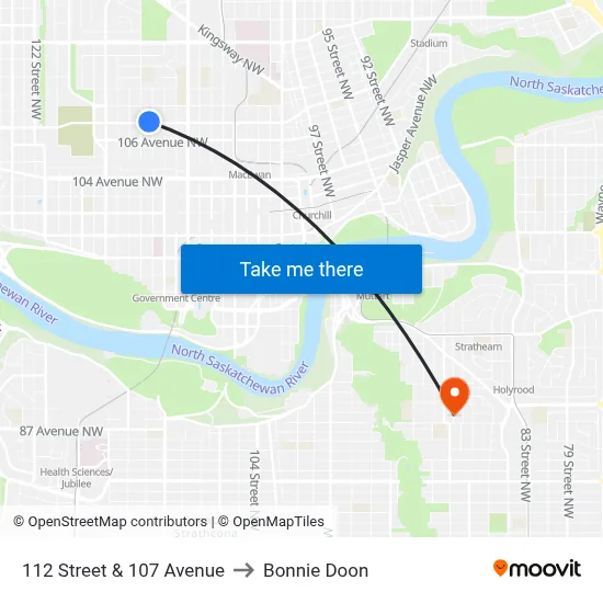 112 Street & 107 Avenue to Bonnie Doon map