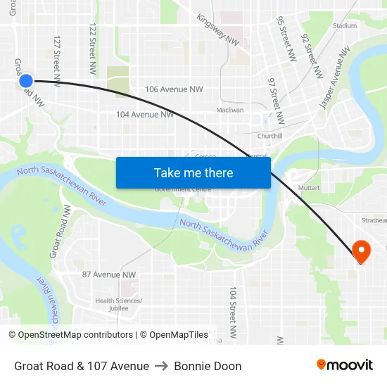 Groat Road & 107 Avenue to Bonnie Doon map