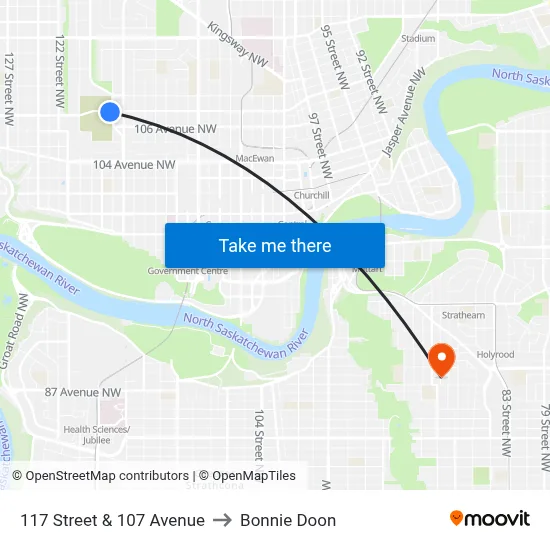 117 Street & 107 Avenue to Bonnie Doon map
