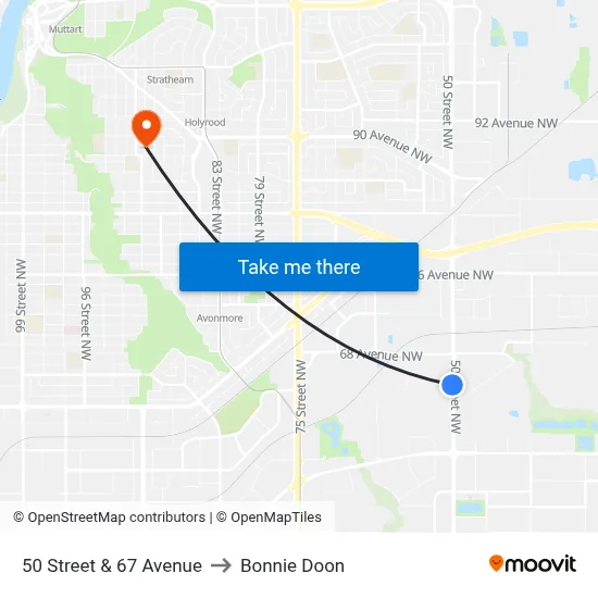 50 Street & 67 Avenue to Bonnie Doon map