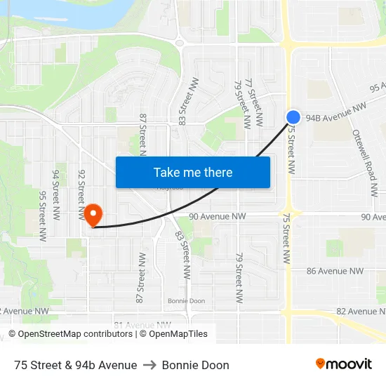 75 Street & 94b Avenue to Bonnie Doon map