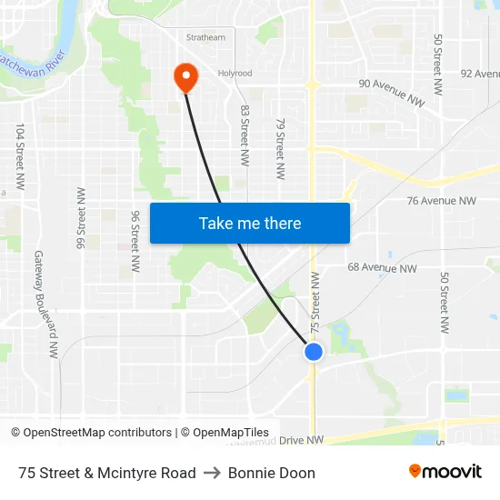 75 Street & Mcintyre Road to Bonnie Doon map