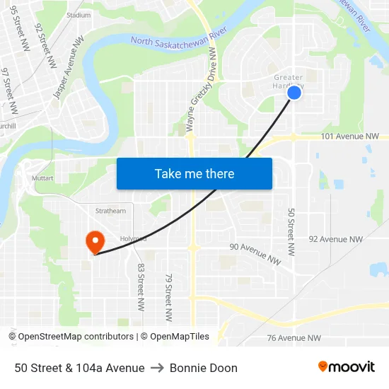 50 Street & 104a Avenue to Bonnie Doon map