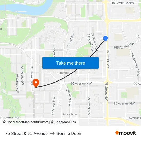 75 Street & 95 Avenue to Bonnie Doon map
