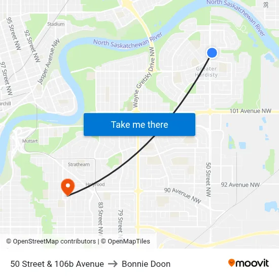 50 Street & 106b Avenue to Bonnie Doon map
