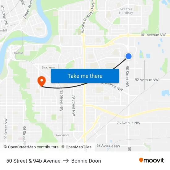 50 Street & 94b Avenue to Bonnie Doon map