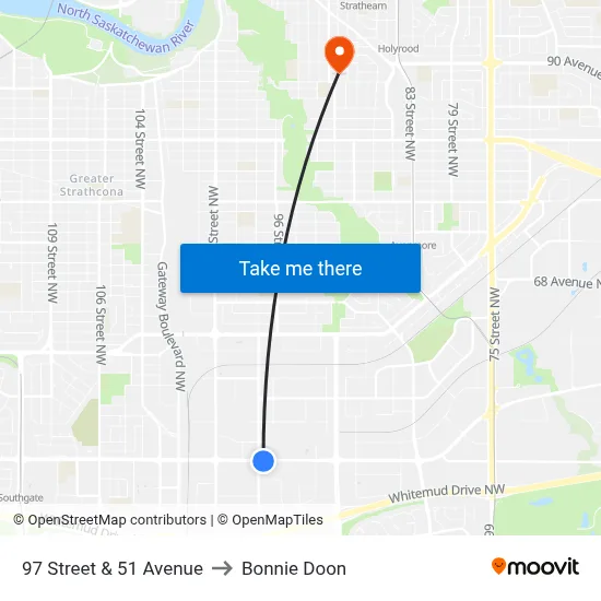 97 Street & 51 Avenue to Bonnie Doon map