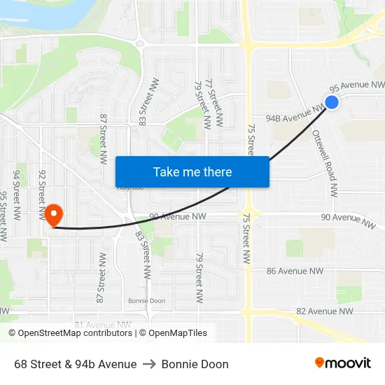 68 Street & 94b Avenue to Bonnie Doon map