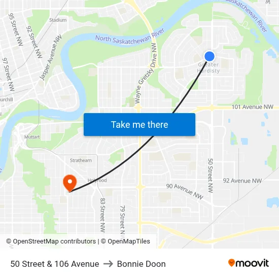 50 Street & 106 Avenue to Bonnie Doon map