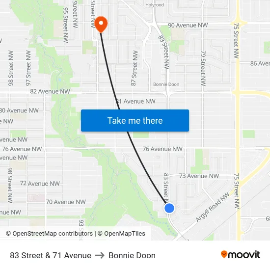 83 Street & 71 Avenue to Bonnie Doon map