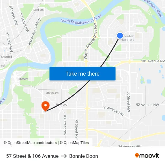 57 Street & 106 Avenue to Bonnie Doon map