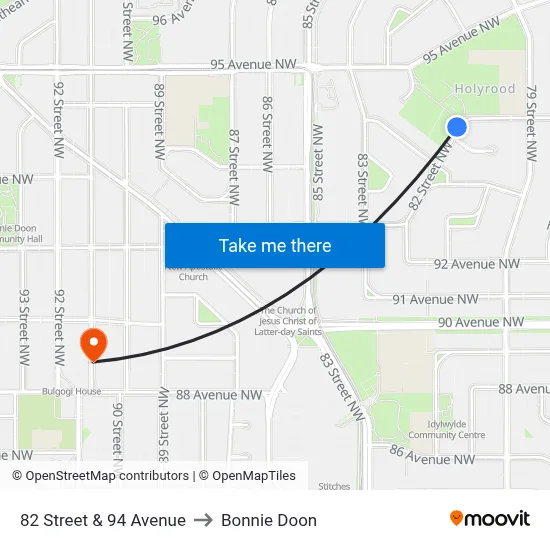 82 Street & 94 Avenue to Bonnie Doon map
