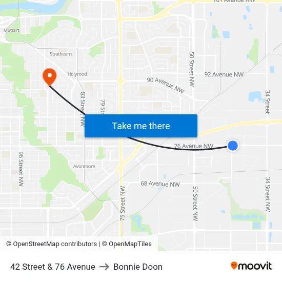42 Street & 76 Avenue to Bonnie Doon map