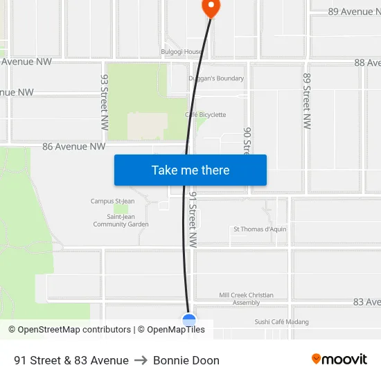 91 Street & 83 Avenue to Bonnie Doon map