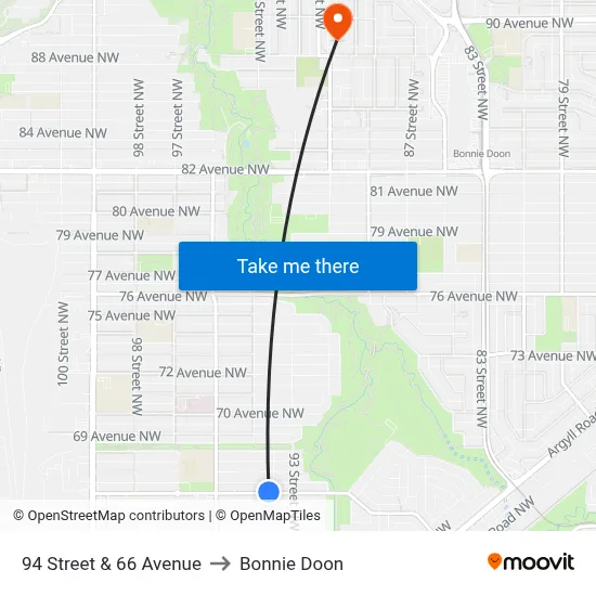 94 Street & 66 Avenue to Bonnie Doon map