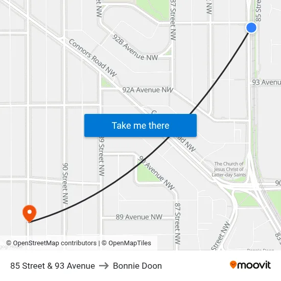 85 Street & 93 Avenue to Bonnie Doon map