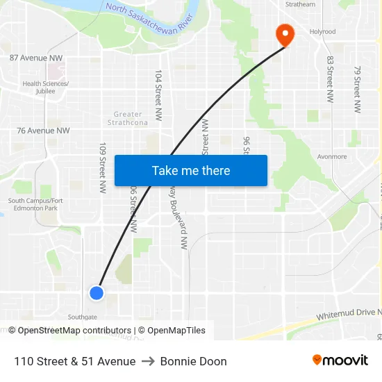 110 Street & 51 Avenue to Bonnie Doon map