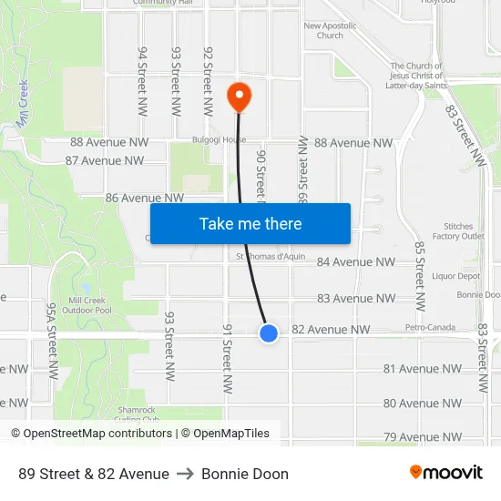 89 Street & 82 Avenue to Bonnie Doon map