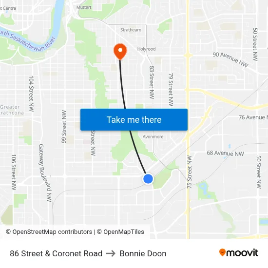 86 Street & Coronet Road to Bonnie Doon map
