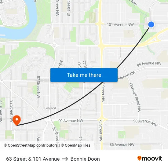 63 Street & 101 Avenue to Bonnie Doon map