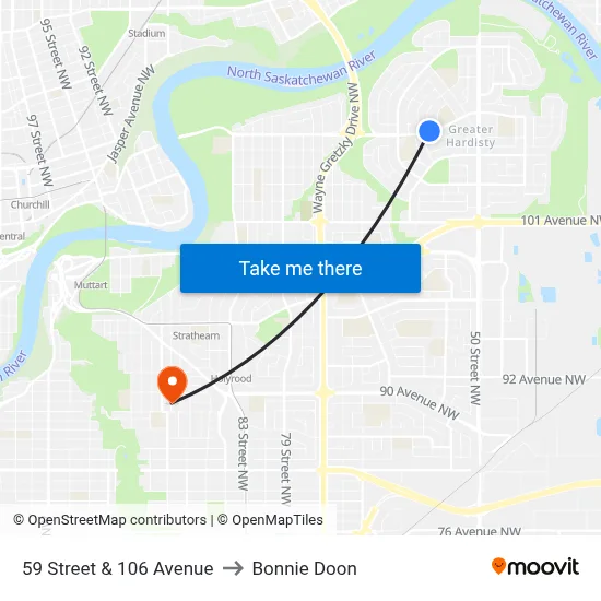 59 Street & 106 Avenue to Bonnie Doon map