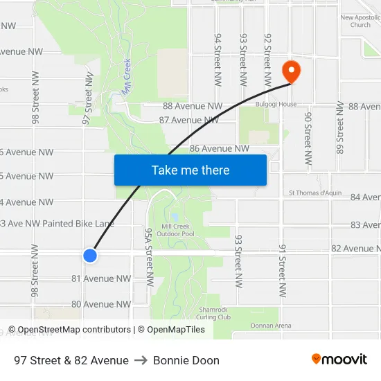 97 Street & 82 Avenue to Bonnie Doon map