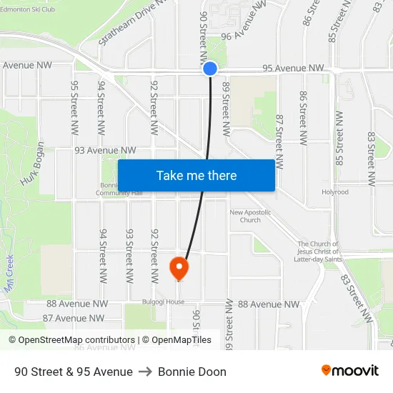 90 Street & 95 Avenue to Bonnie Doon map