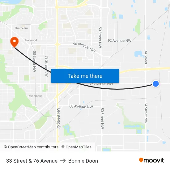 33 Street & 76 Avenue to Bonnie Doon map