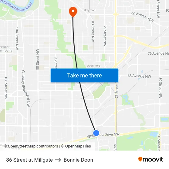 86 Street at Millgate to Bonnie Doon map