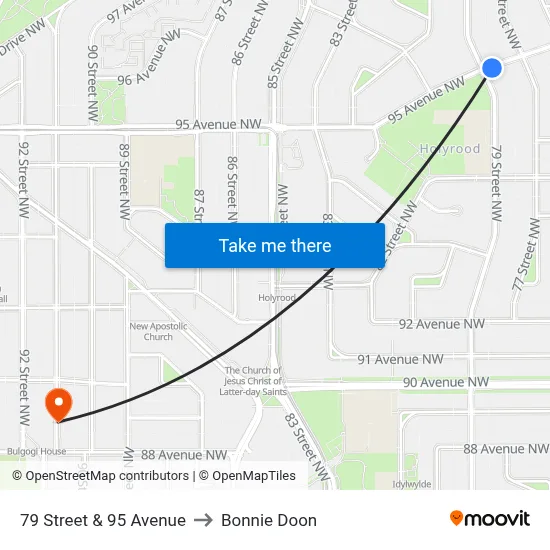 79 Street & 95 Avenue to Bonnie Doon map