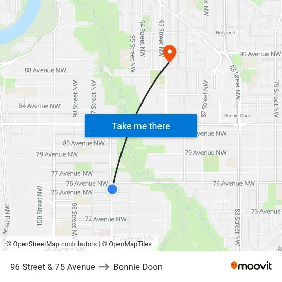 96 Street & 75 Avenue to Bonnie Doon map