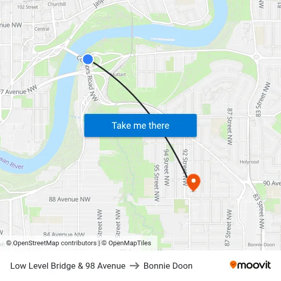 Low Level Bridge & 98 Avenue to Bonnie Doon map