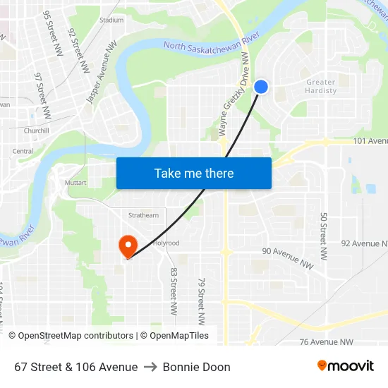 67 Street & 106 Avenue to Bonnie Doon map