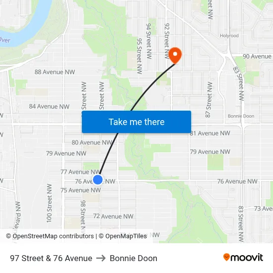 97 Street & 76 Avenue to Bonnie Doon map
